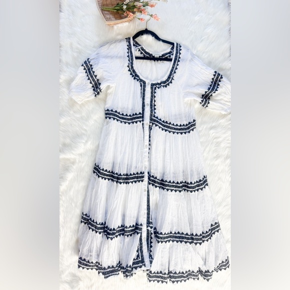 Sundance Sea La Vie White & Black Border Embroidered Tiered Dress - Picture 2 of 3